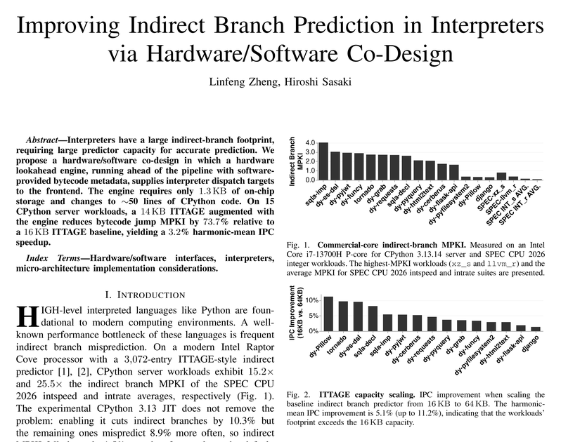 First page of the paper: Improving Indirect Branch Prediction in Interpreters via Hardware/Software Co-Design, by Linfeng Zheng and Hiroshi Sasaki